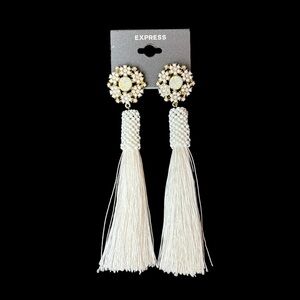 Express White Crystal Beaded String Tassel Post Pierced Dangle Drop Earrings